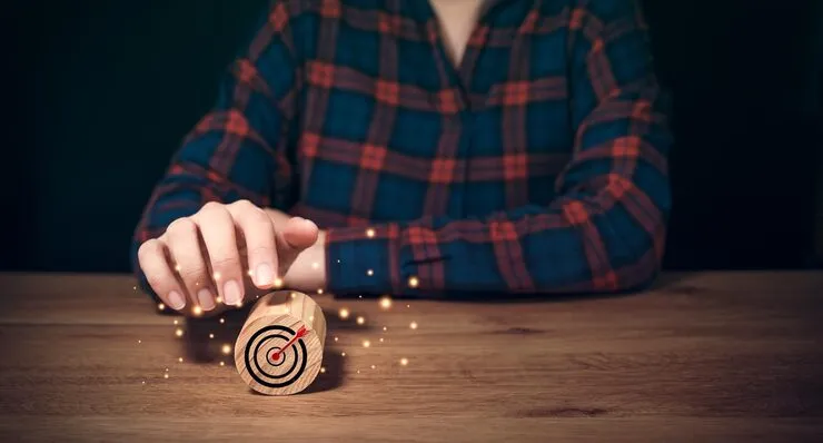 Business Achievement Goal Objective Target Concepts Target Icon Round Wooden Block Pointing By Businessman Hand Marketing Plan Business